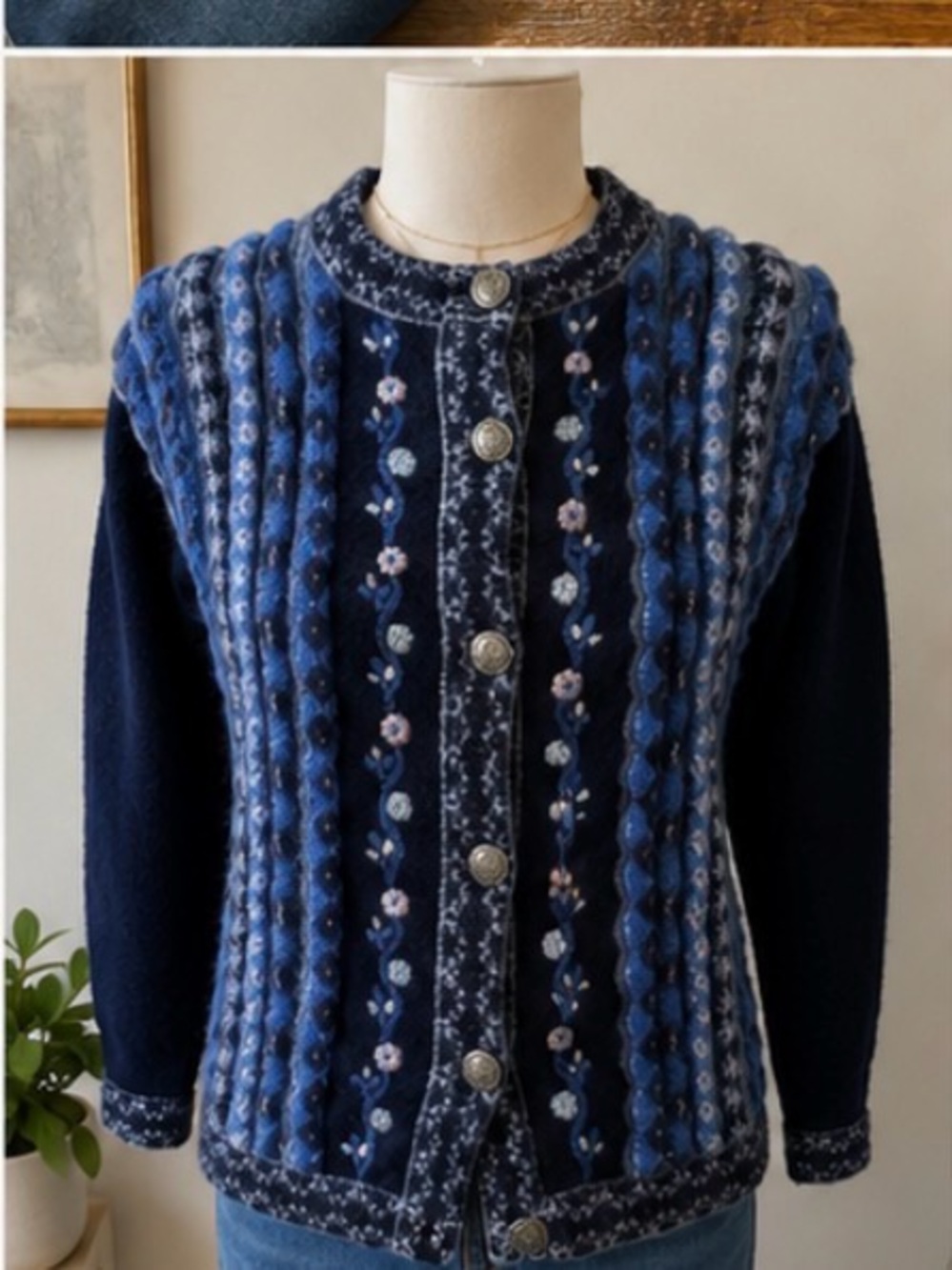 Vintage Tulchan pure New Wool Cardigan Sweater Small/Medium Blue Embroidered (x)